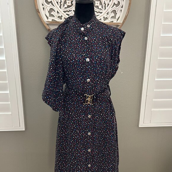 Coach Dress Silk Signature Navy Pink Dot SZ2 Sleeveless Midi Belted Classic - Picture 2 of 12